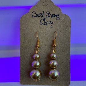 Gold Three Pearl Wire Back Earrings, Custom Triple Pearl Dangle Earring